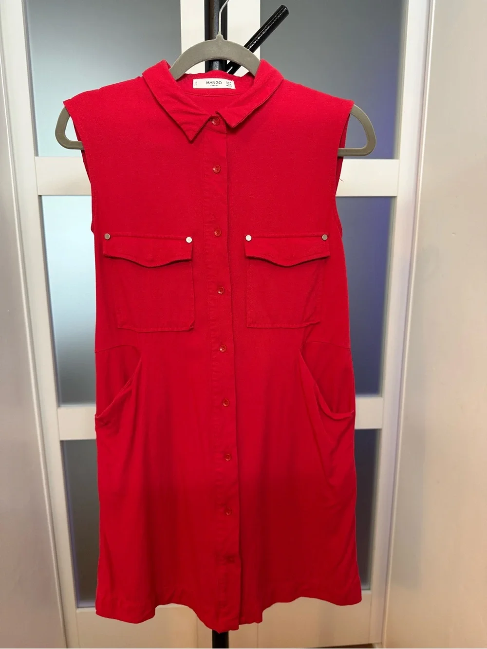 Mango Casual Red Sleeveless Button Up Shirt Dress with Pockets, Size 6